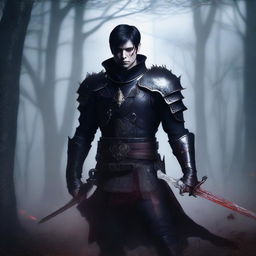 A fierce vampire warrior with short black hair standing in a dark, foggy forest, wearing ancient armor and holding a blood-stained sword