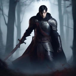 A fierce vampire warrior with short black hair standing in a dark, foggy forest, wearing ancient armor and holding a blood-stained sword