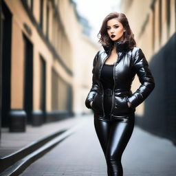 A beautiful woman wearing a tight latex corset and a sexy puffer jacket