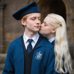 A heartwarming scene of a beautiful, perfect albino Ravenclaw girl in Hogwarts uniform romantically involved with Harry Potter, their loving connection evident through expressions and body language.