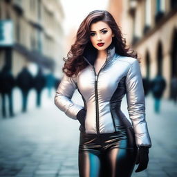 A stunning 25-year-old woman wearing a tight latex corset and a sexy puffer jacket