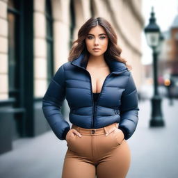 A stunning 25-year-old woman wearing a tight and sexy puffer outfit