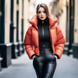 A stunning 25-year-old woman wearing a tight and sexy puffer outfit