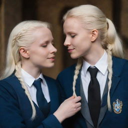 A heartwarming scene of a beautiful, perfect albino Ravenclaw girl in Hogwarts uniform romantically involved with Harry Potter, their loving connection evident through expressions and body language.