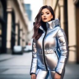 A stunning 25-year-old woman wearing a tight, shiny, and sexy puffer outfit