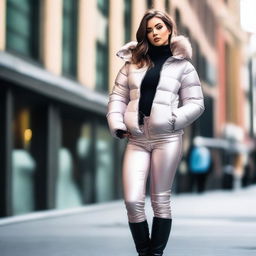 A stunning 25-year-old woman wearing a tight, shiny, and sexy puffer outfit