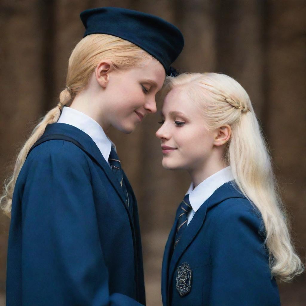 A heartwarming scene of a beautiful, perfect albino Ravenclaw girl in Hogwarts uniform romantically involved with Harry Potter, their loving connection evident through expressions and body language.