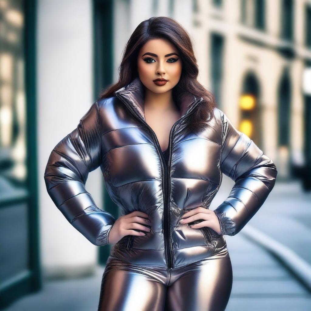 A stunning 25-year-old woman wearing a tight, shiny, and sexy puffer outfit