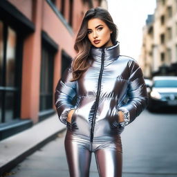 A stunning 25-year-old woman wearing a tight, shiny, and sexy puffer outfit