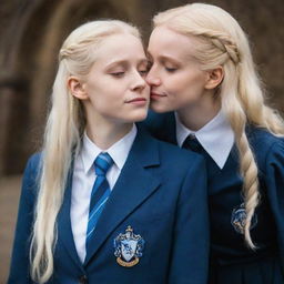 A heartwarming scene of a beautiful, perfect albino Ravenclaw girl in Hogwarts uniform romantically involved with Harry Potter, their loving connection evident through expressions and body language.