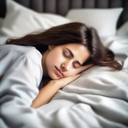 Create an image of an attractive girl sleeping on a bed