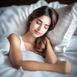 Create an image of an attractive girl sleeping on a bed