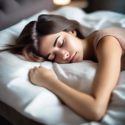 Create an image of an attractive girl sleeping on a bed without a blanket