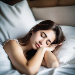 Create an image of an attractive girl sleeping on a bed without a blanket