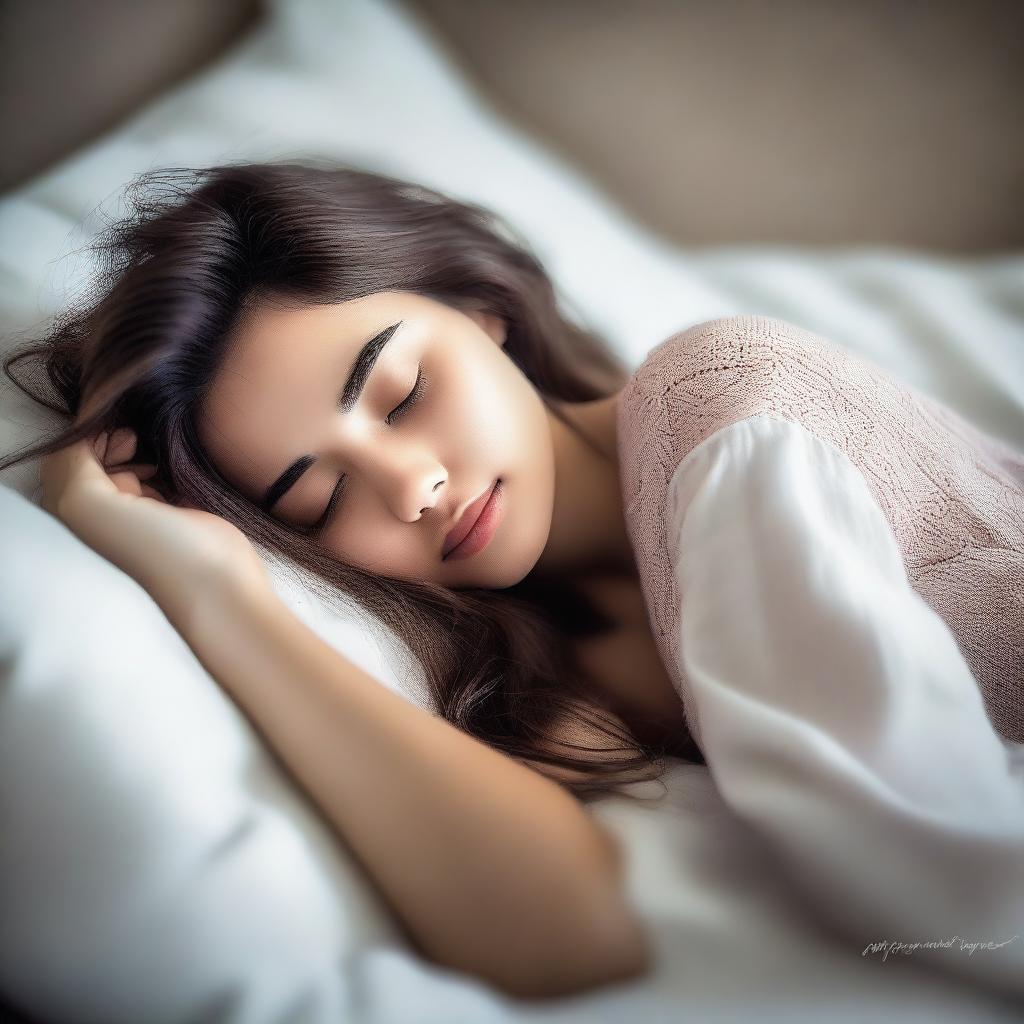 Create an image of an attractive girl sleeping on a bed without a blanket