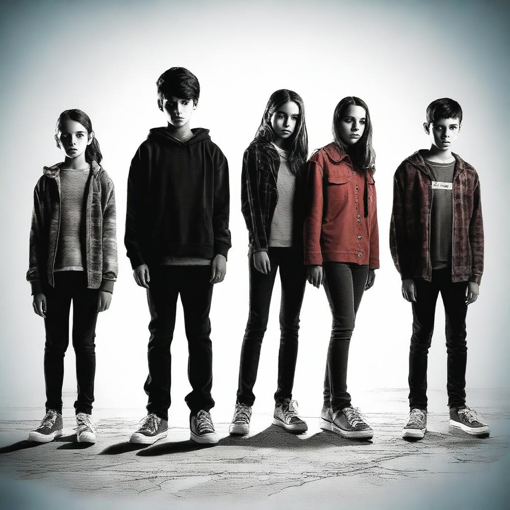 A suspense murder thriller movie poster featuring seven Gen Z characters, consisting of three boys and four girls