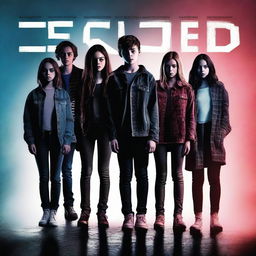 A suspense murder thriller movie poster featuring seven Gen Z characters, consisting of three boys and four girls