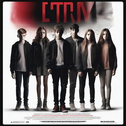 A suspense murder thriller movie poster featuring seven Gen Z characters, consisting of three boys and four girls