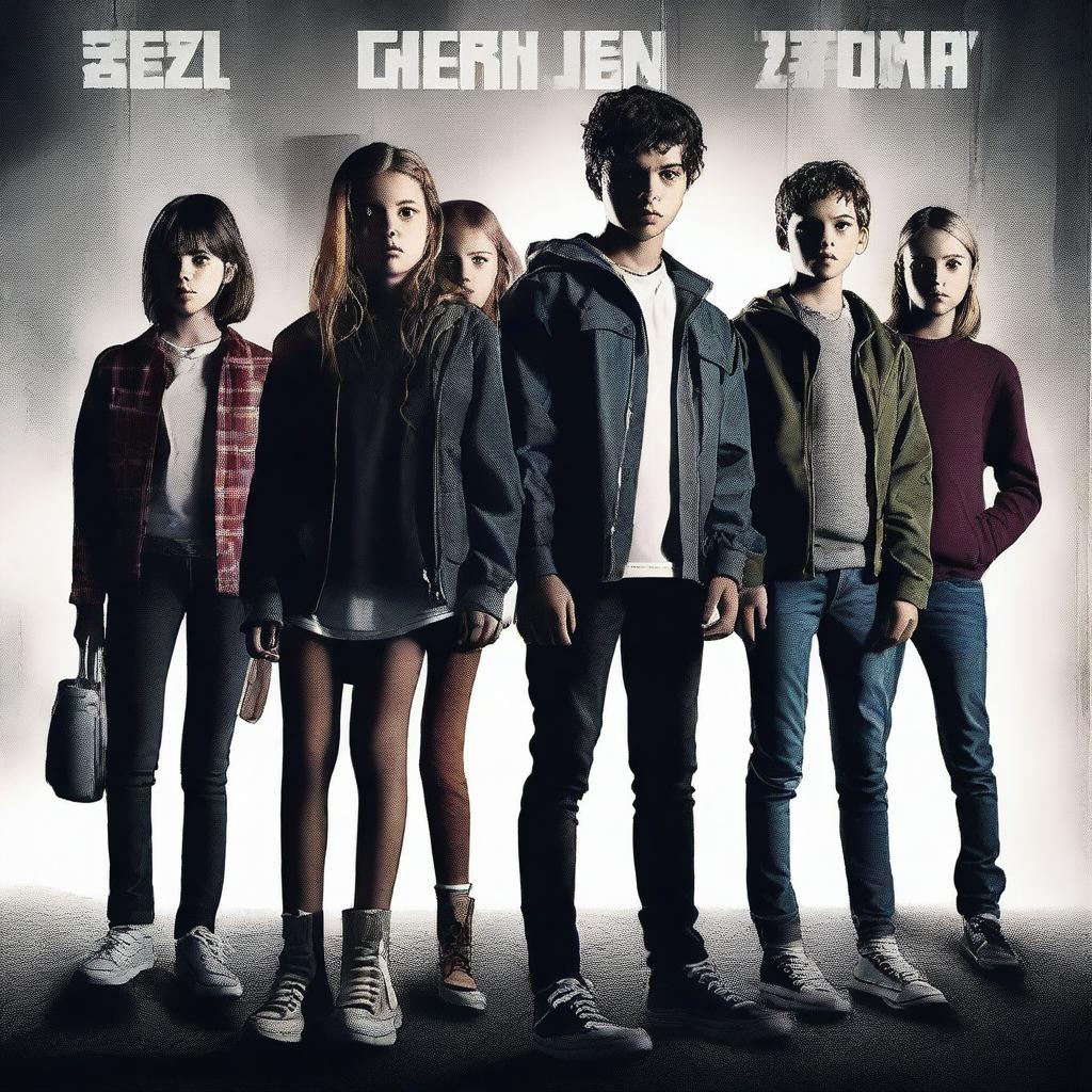 A suspense murder thriller movie poster featuring seven Gen Z characters, consisting of three boys and four girls, captured in mid shots