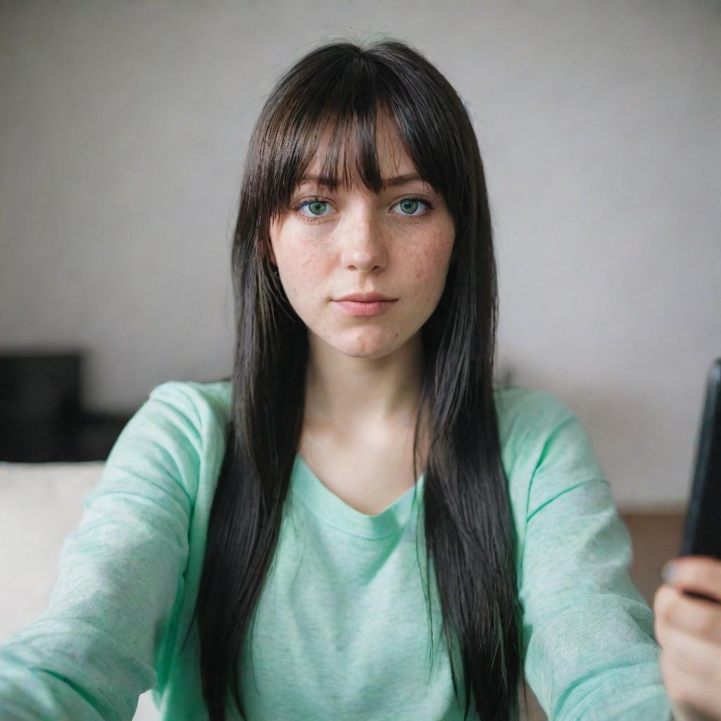 casual photograpy by kodak, female , 23 year old with green eyes and black long hai with withe streaks in the bangs, ocational clothes.,freckles, selfie, playing video games, medium distance shot, 4k hd,  --styerw--v 5.2 ar 2-3