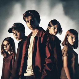 A suspense murder thriller movie poster featuring seven Gen Z characters, consisting of three boys and four girls, captured in mid shots