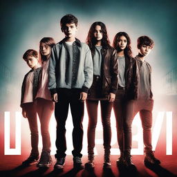 A suspense murder thriller movie poster featuring seven Gen Z characters, consisting of three boys and four girls, captured in mid shots
