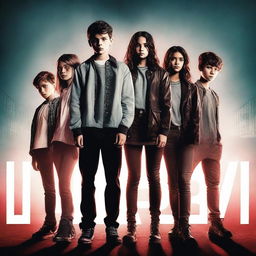 A suspense murder thriller movie poster featuring seven Gen Z characters, consisting of three boys and four girls, captured in mid shots