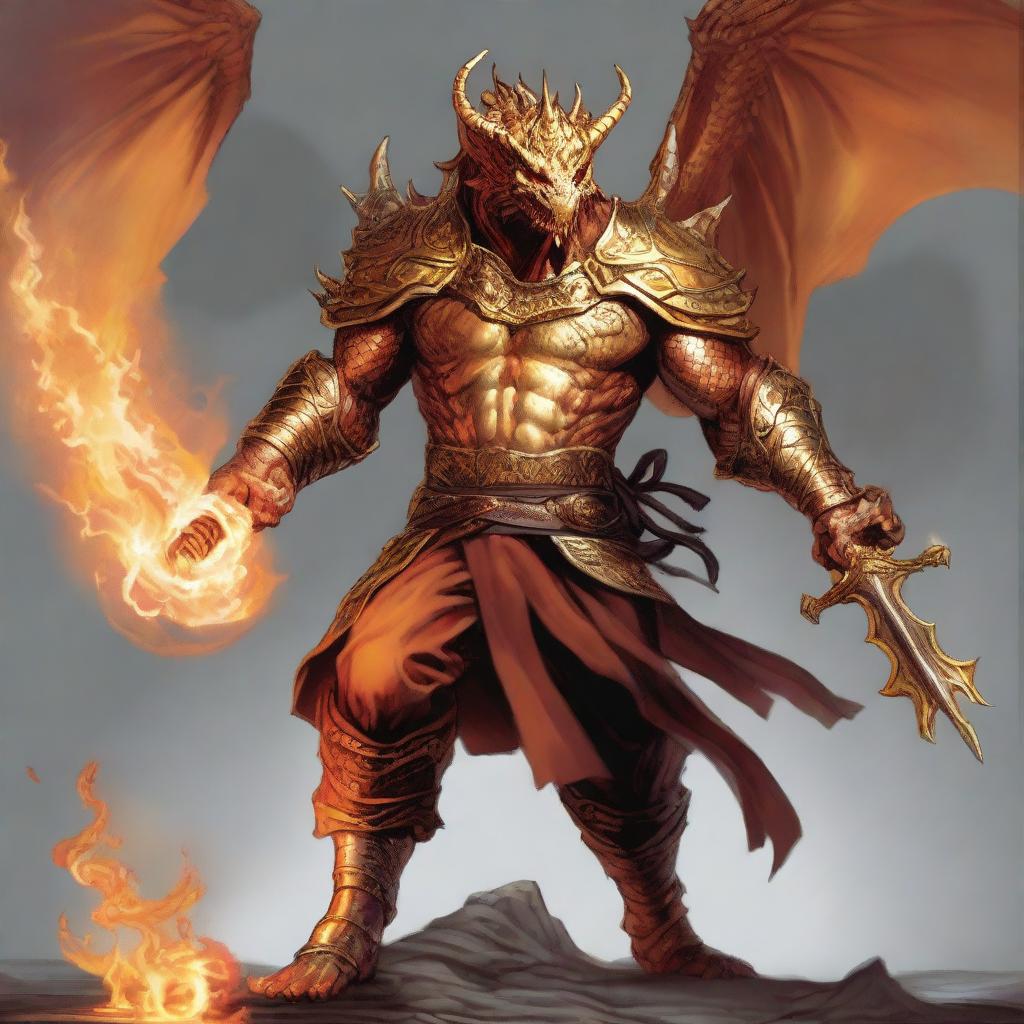 A humanoid half-dragon warrior from Dungeons & Dragons, male, wielding a sword in each hand