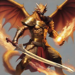 A humanoid half-dragon warrior from Dungeons & Dragons, male, wielding a sword in each hand