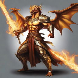 A humanoid half-dragon warrior from Dungeons & Dragons, male, wielding a sword in each hand