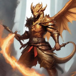 A humanoid half-dragon warrior from Dungeons & Dragons, male, without wings, wielding a sword in each hand