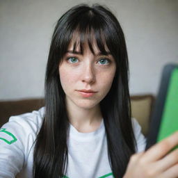 casual photograpy by kodak, female , 23 year old with green eyes and black long hai with withe streaks in the bangs, ocational clothes.,freckles, selfie, playing video games, medium distance shot, 4k hd,  --styerw--v 5.2 ar 2-3