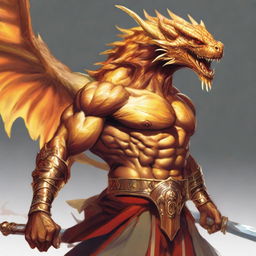 A humanoid half-dragon warrior from Dungeons & Dragons, male, without wings, wielding a sword in each hand