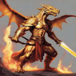 A humanoid half-dragon warrior from Dungeons & Dragons, male, without wings, wielding a sword in each hand