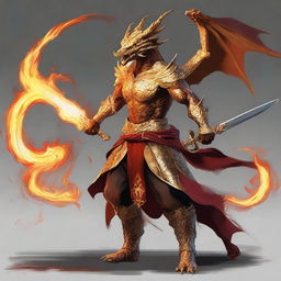 A humanoid half-dragon warrior, male, without wings, wielding a sword in each hand