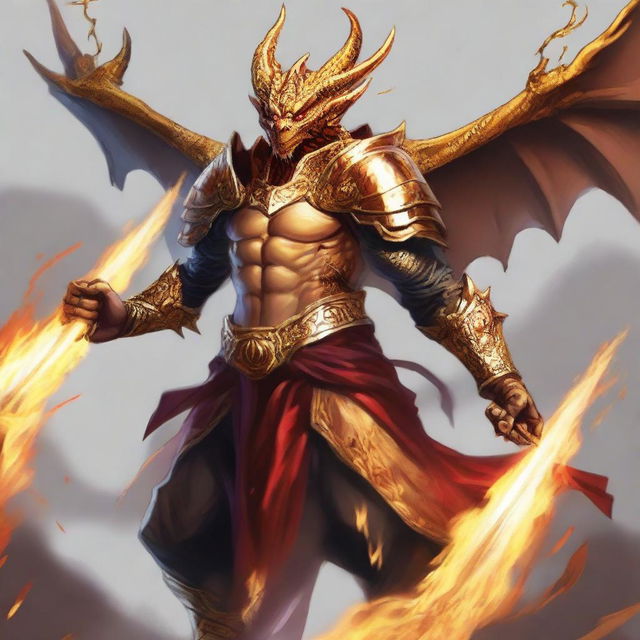 A humanoid half-dragon warrior, male, without wings, wielding a sword in each hand