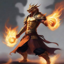 A humanoid half-dragon warrior, male, without wings, wielding a sword in each hand