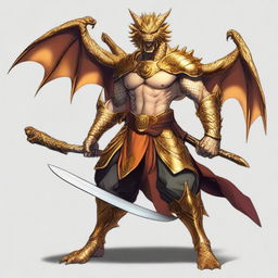 A humanoid half-dragon warrior, male, without wings, wielding a sword in each hand