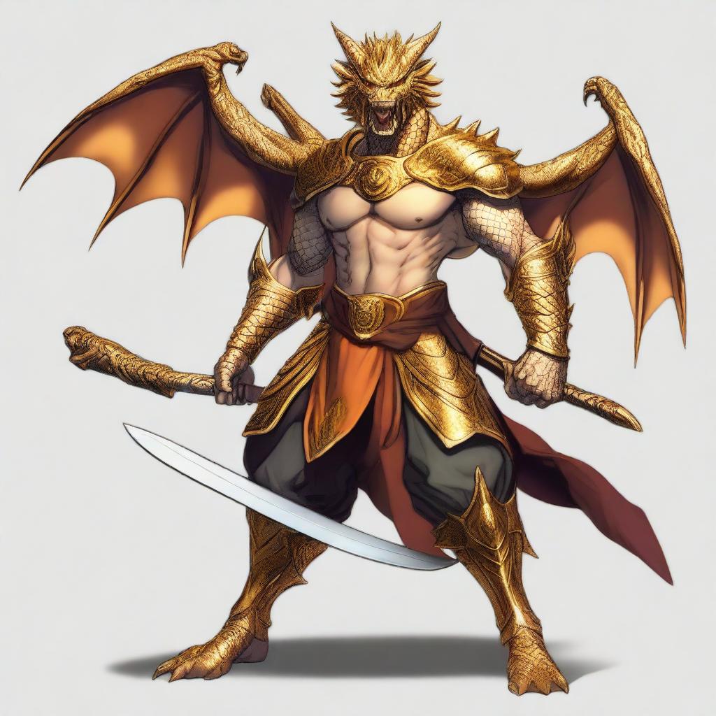 A humanoid half-dragon warrior, male, without wings, wielding a sword in each hand