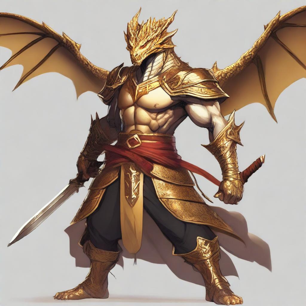 A humanoid half-dragon warrior, male, without wings, wielding a sword in each hand