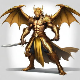 A humanoid half-dragon warrior, male, without wings, wielding a sword in each hand