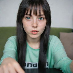 casual photograpy by kodak, female , 23 year old with green eyes and black long hai with withe streaks in the bangs, ocational clothes.,freckles, selfie, playing video games, medium distance shot, 4k hd,  --styerw--v 5.2 ar 2-3