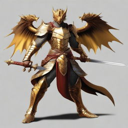 A humanoid half-dragon warrior, male, without wings, wielding a sword in each hand