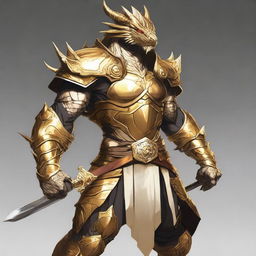 A humanoid half-dragon warrior, male, without wings, wielding a sword in each hand