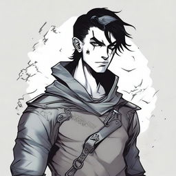 A human burglar from Dungeons & Dragons, with black eyes and short, neatly arranged black hair