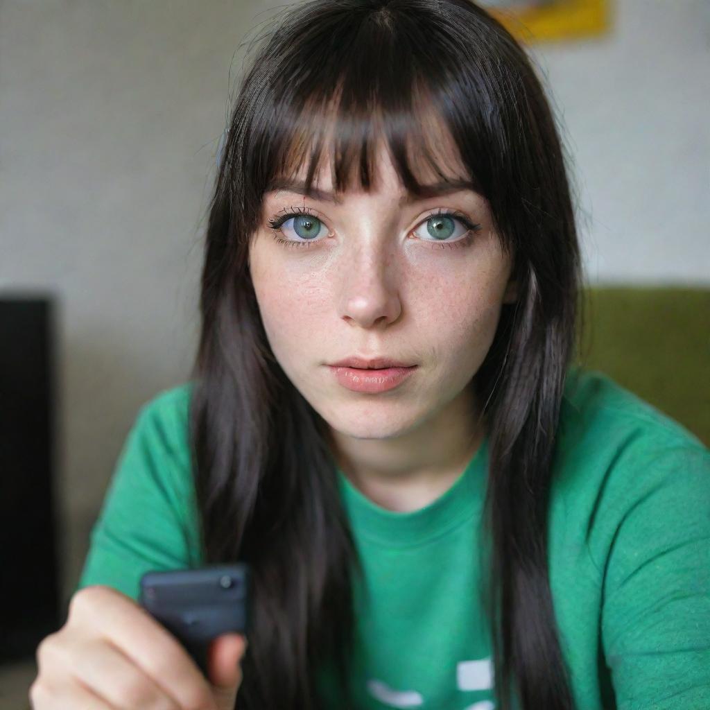 casual photograpy by kodak, female , 23 year old with green eyes and black long hai with withe streaks in the bangs, ocational clothes.,freckles, selfie, playing video games, medium distance shot, 4k hd,  --styerw--v 5.2 ar 2-3