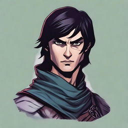 A realistic depiction of a human rogue from Dungeons & Dragons, featuring black eyes and short, black hair