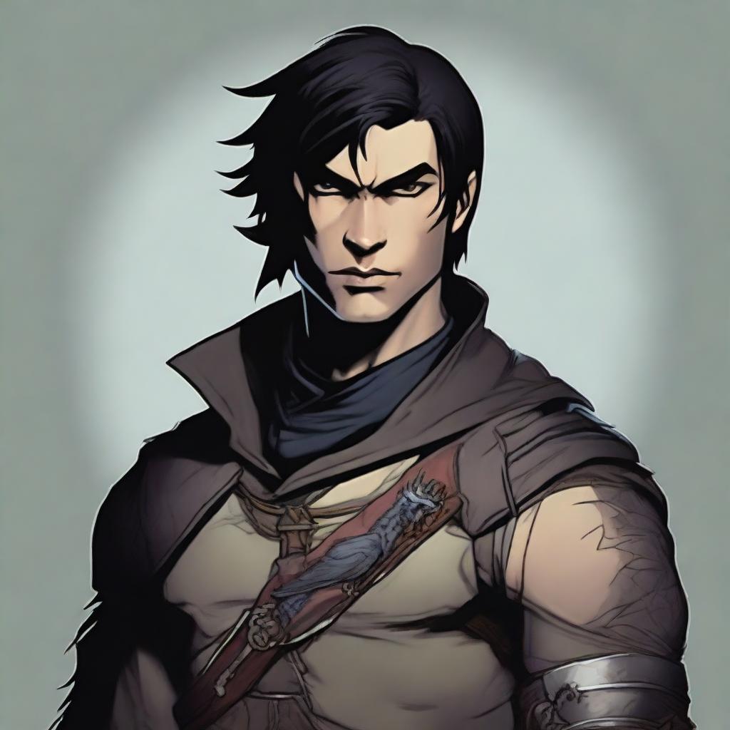 A realistic depiction of a human rogue from Dungeons & Dragons, featuring black eyes and short, black hair