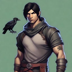 A realistic depiction of a human rogue from Dungeons & Dragons, featuring black eyes and short, black hair