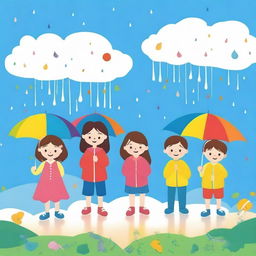 A colorful and cheerful thumbnail image illustrating the phrase 'Rain, rain, go away'